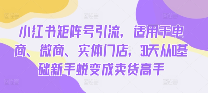 小红书矩阵号引流，适用于电商、微商、实体门店，30天从0基础新手蜕变成卖货高手-昀创网