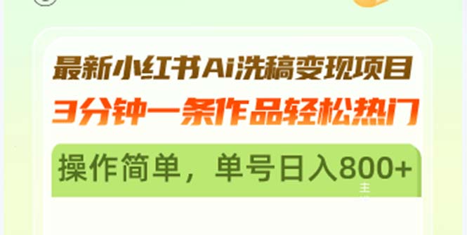 最新小红书Ai洗稿变现项目 3分钟一条作品轻松热门 操作简单，单号日入800+-昀创网