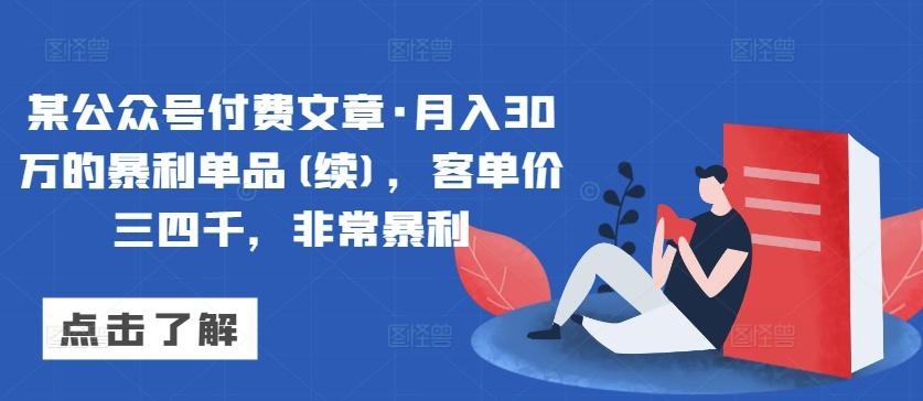 某公众号付费文章·月入30万的暴利单品(续)，客单价三四千，非常暴利-昀创网