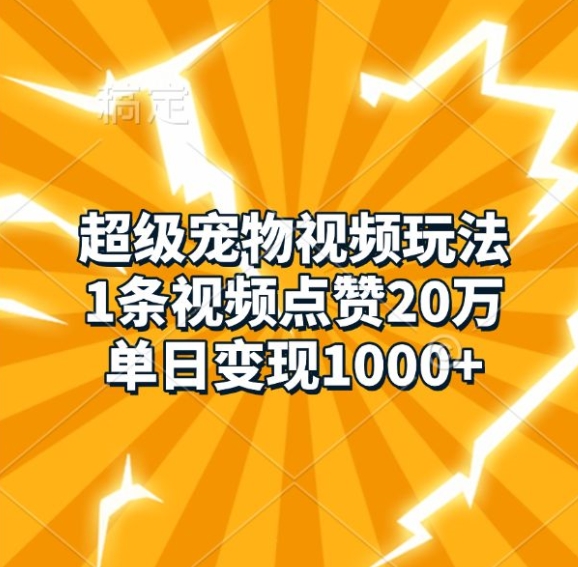 超级宠物视频玩法，1条视频点赞20万，单日变现1k-昀创网